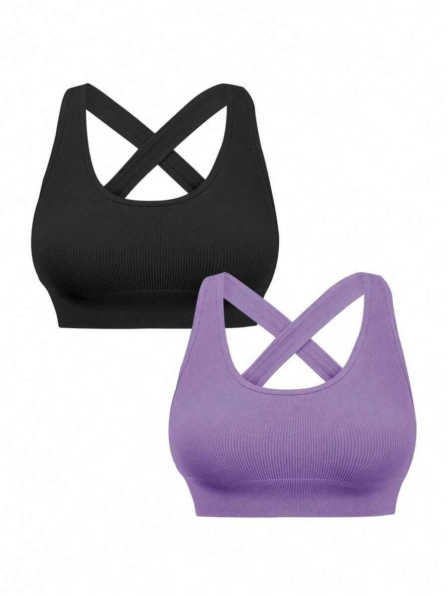 Sujetador deportivo sin costuras de unicolor con espalda cruzada, sujetador deportivo para mujeres - Multicolor 3 - Ver 1