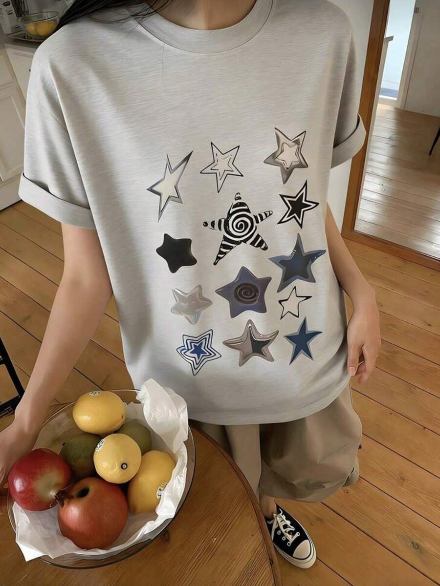 "COTE TRIX" Women's Casual Short-Sleeved T-Shirt With Heart And Star Print. Made Of Pure Cotton, This Loose-Fitting Pullover Top Features A Y2K Street Retro Style, Making It A Comfortable And Casual Summer Sportswear Piece. - Light Grey - View 1