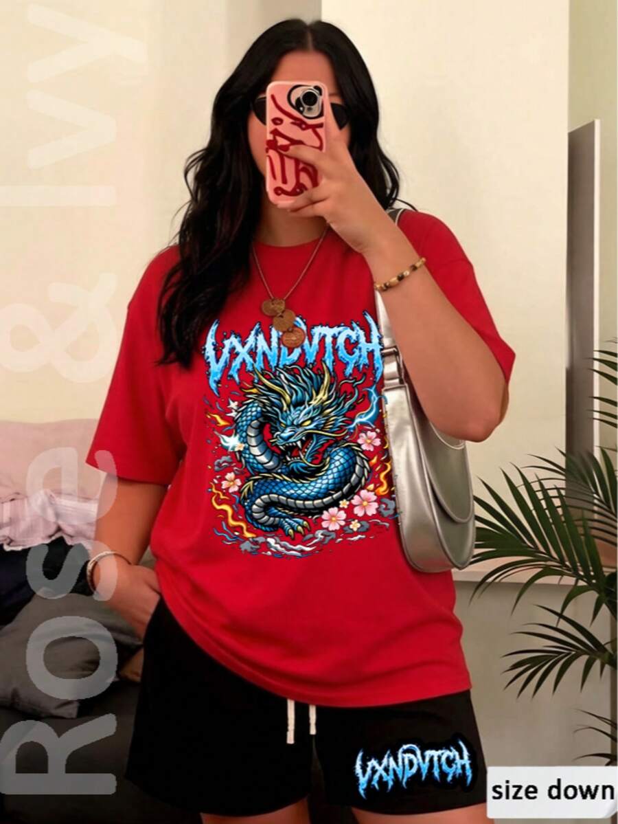Womens Creative T Shirt And Shorts Set American Vintage Full Print Street Wear Dragon And Floral Design Ideal Gift For 2026 New Year Mothers Day St Patricks Day Black History Month Back To School Season And Easter Voon Dutch Ed Hardys - Đỏ - Xem 1