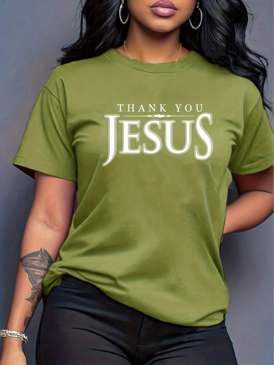 Women's Short-Sleeved T-Shirt With "THANK YOU JESUS" Print, Round Neck, Machine Washable, Comfortable, Soft, Breathable, Suitable For Spring, Summer, And Autumn. Loose, Casual, Fashionable, Ideal For Everyday Wear, Simple And Versatile, Sizes S-XXL. - 軍綠色 - 查看 1