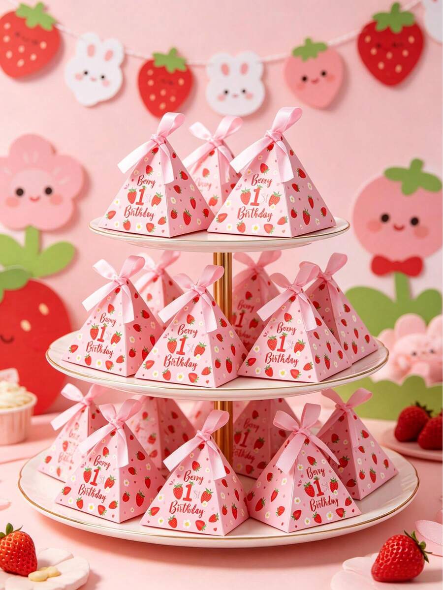 12件草莓嬰兒1歲生日禮物盒附緞帶，適合女嬰/男嬰1歲生日派對用品、嬰兒性別揭曉派對禮物盒、桌面中心裝飾、嬰兒派對小禮物、生日派對嬰兒洗禮派對裝飾糖果盒、婚禮派對桌面裝飾用品、禮品包裝盒糖果盒、嬰兒洗禮禮物