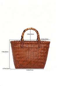 Bolso de tote de cesta tejido de colores, bolso cuadrado tejido de paja, bolso de mano de mujer con estilo campestre y elegante para vacaciones, de gran capacidad - Marrón - Ver 3
