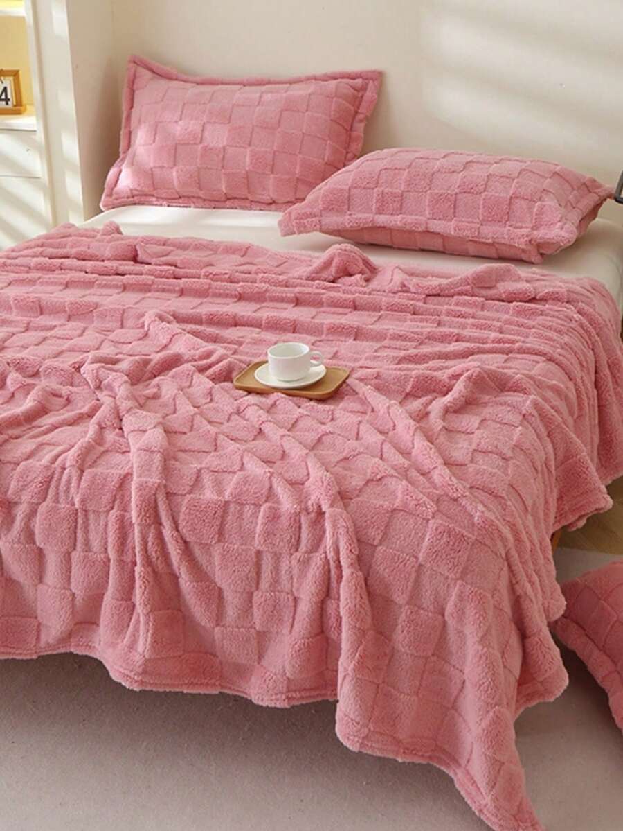 1pc Bread Grid Hem Soft Skin-Friendly Bed Blanket, Suitable For Living Room And Bedroom - Coral Pink - View 1