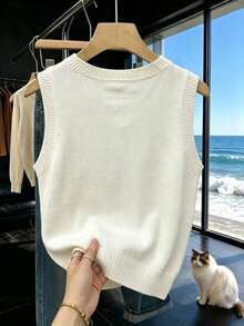 1 chiếc áo tank top dệt kim cổ tròn màu trắng họa tiết cờ Mỹ thời trang mùa hè cho nữ - trắng - Xem 2