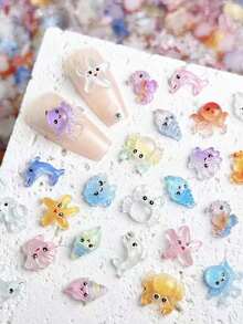 Serie Oceánica Encantos de Arte de Uñas de Resina de Dibujos Animados, Incluye Delfín, Concha, Estrella de Mar, Medusa Surtidos Aleatoriamente, Color Aleatorio, 100 piezas/30 piezas en Total, Accesorios de Uñas DIY Portátiles para Niñas - Multicolor - Ver 3