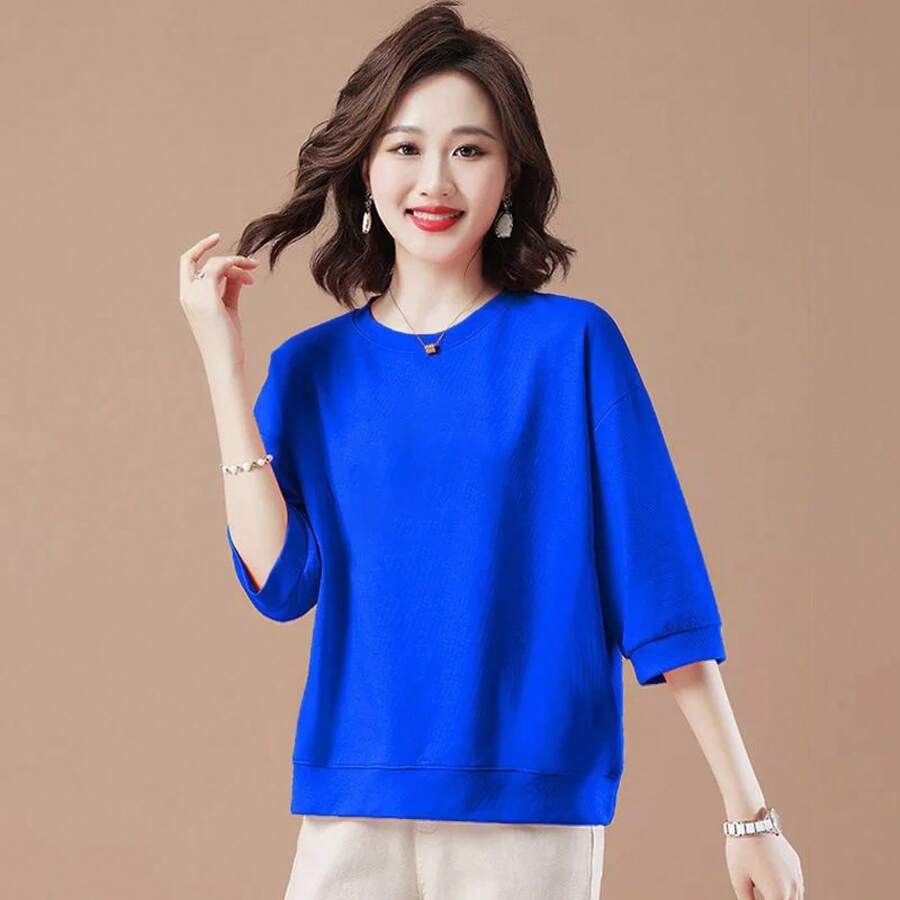 2026Camiseta Básica de Mujer, Manga Tres Cuartos, Color Macarrón,% Algodón, Casual, Primavera, Moda Artística, Versátil, Cuel... - Color sólido azul - Ver 1