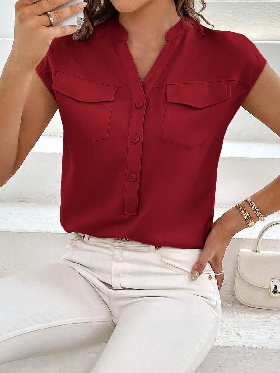 Camisa de mujer de un solo pecho con bolsillo utilitario y cuello en V de unicolor - Burdeos 2 - Ver 1
