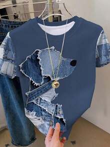 Camiseta casual de mujer con cuello redondo y manga corta con aplicación de cachorro y color contrastante - Azul 4 - Ver 1