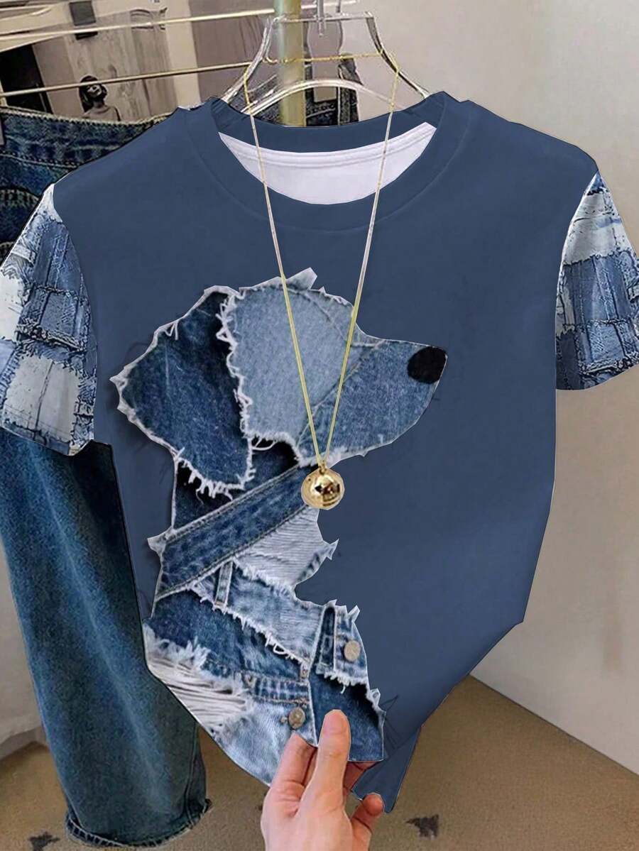 Camiseta casual de mujer con cuello redondo y manga corta con aplicación de cachorro y color contrastante - Azul 4 - Ver 1