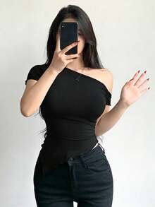 Camiseta de manga larga ajustada con hombro asimétrico y plisado asimétrico para mujer - Negro - Ver 1
