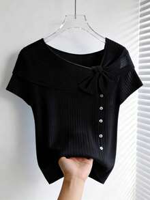Camiseta casual de mujer de unicolor con diseño de botones y decoración de lazo en las mangas cortas - Negro - Ver 1