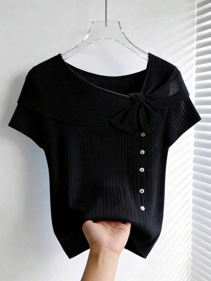 Camiseta casual de mujer de unicolor con diseño de botones y decoración de lazo en las mangas cortas - Negro - Ver 1
