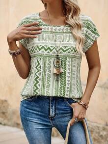 Blusa de mujer casual con estampado geométrico y mangas tipo murciélago - Verde - Ver 1