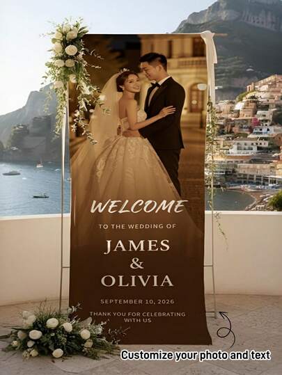 Customized Wedding Banner - Personalized Bride And Groom Photo/Name/Date/Text - Suitable For Wedding, Anniversary Or Celebration Decoration, Elegant Personalized Wedding Decor, Birthday Party, Bridal Shower, Engagement Party