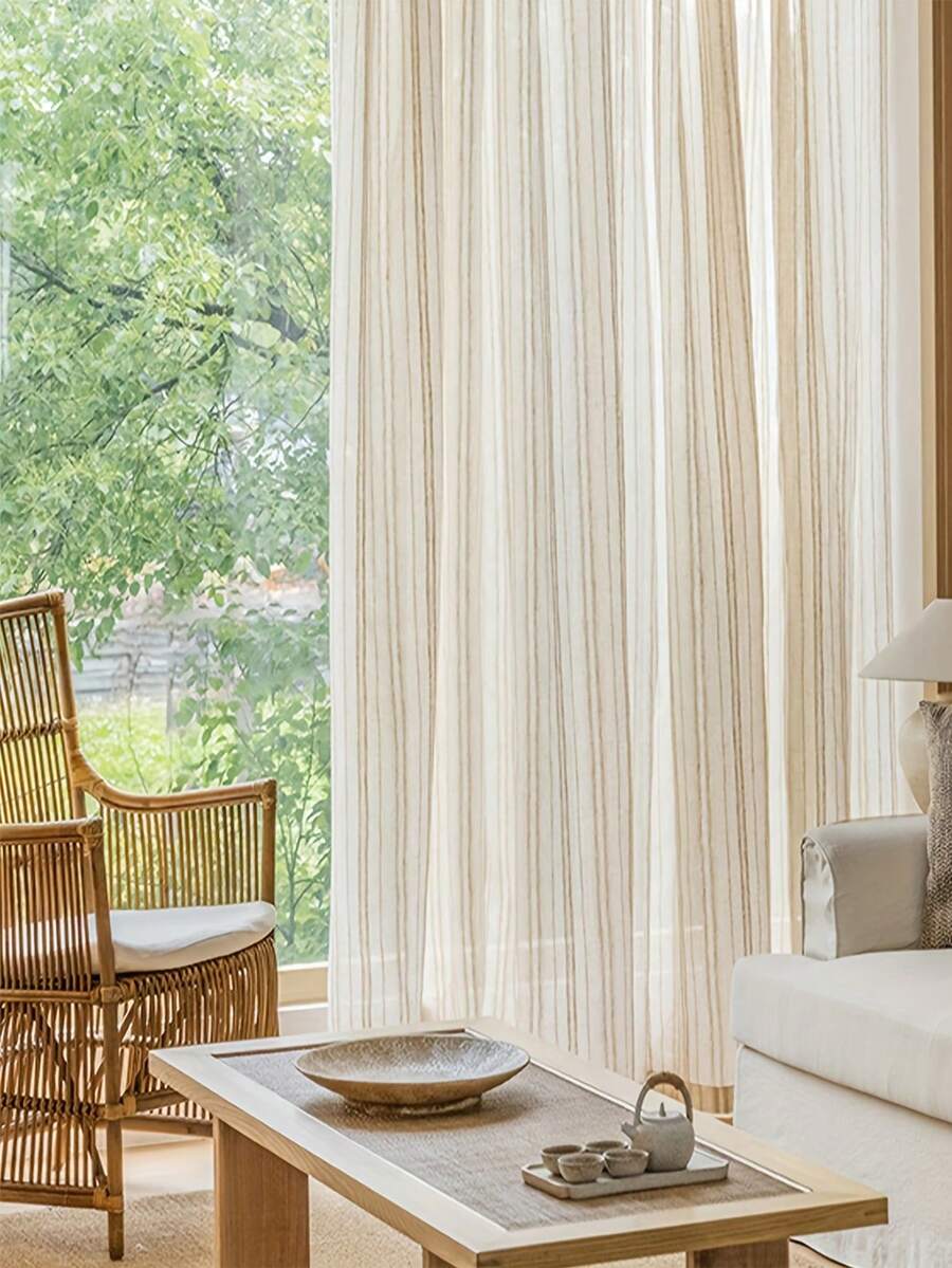 1Pc Beige Striped Linen Curtain, Tie-Up Roman Blind, Fashionable Semi-Transparent Curtain, Suitable For Kitchen, Bathroom, Small Windows - 1PC - View 1