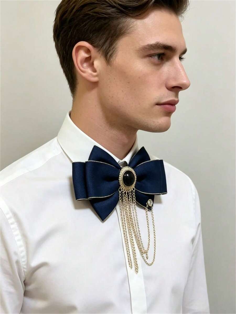 1 pieza Corbata de moño azul marino de lujo para hombres con borla dorada, decoración con piedras preciosas negras y cristales, corbata de moño formal anudada, adecuada para bodas/fiestas/ocasiones de negocios