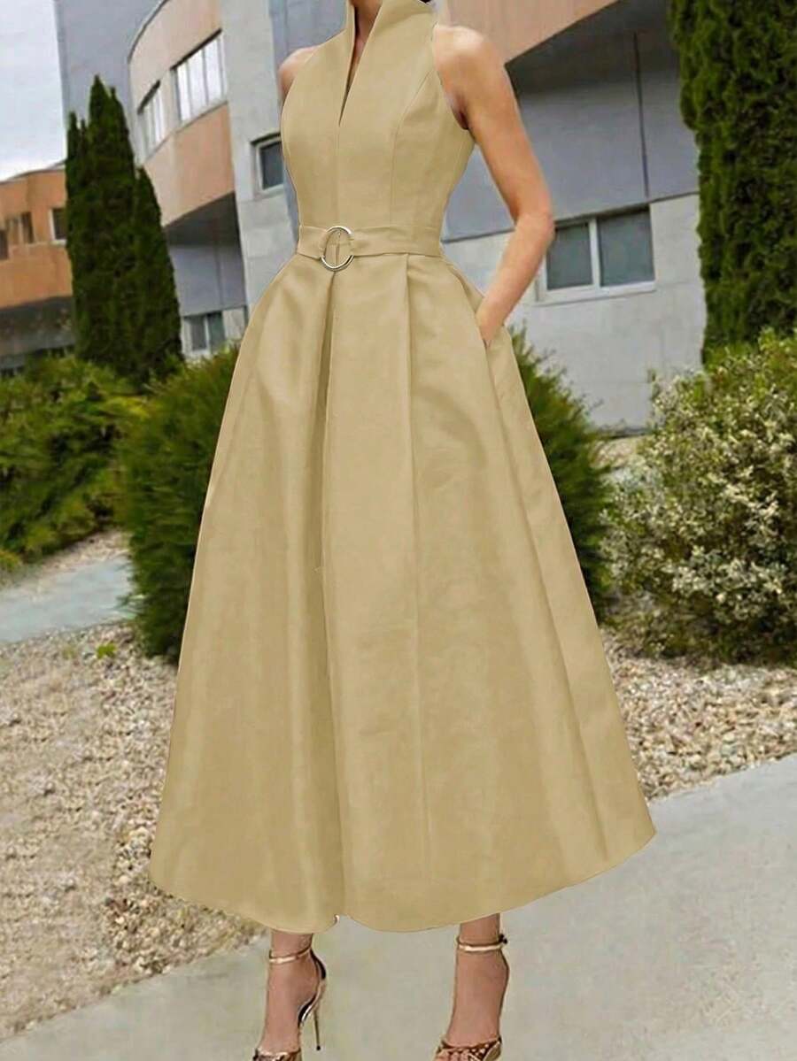 Elegant Women's Dress With A Tie Waist And A-Line Silhouette, New Spring/Summer And Fall/Summer Styles, Sleeveless With A V-Neck, Suitable For The Office Or Everyday Wear In Black. - 卡其色 - 查看 1