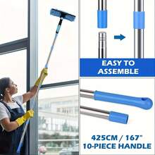 Nettoyant de fenêtre 2-en-1 445cm avec raclette et perche télescopique, gadget de nettoyage de verre pour la maison - 1 pièce grise - Voir 2