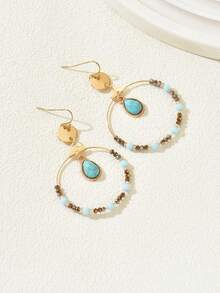 1 Pair Women's Vintage Turquoise-Look Crystal Beaded Round Dangle Earrings, Suitable For Daily Wear (Bead Color Random) - Blue Turquoise Pendant - E1345 - View 5