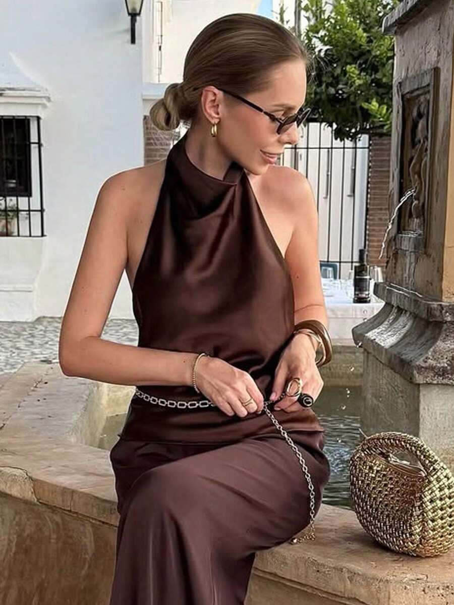 Top de tirantes de satén para mujer, top corto sin mangas estilo Y2K, lindo estilo callejero, camiseta sin espalda amarilla para verano casual - Naranja - Ver 1