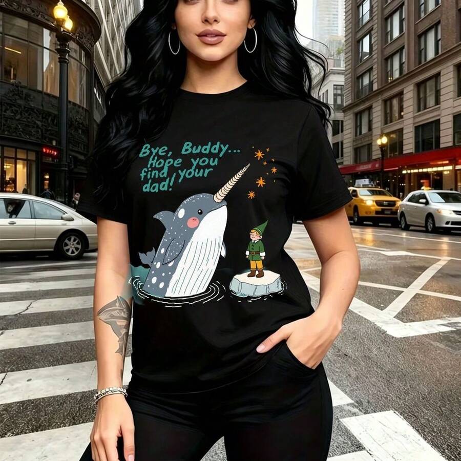 Camiseta de mujer con estampado whimsical de narval y texto emotivo "Bye, Buddy... hope you find your dad!" - diseño divertido y original con ballena saliendo del agua y niño en iceberg, ajuste casual cómodo y moderno, estilo urbano perfecto para cal - Negro - Ver 1