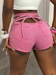Shorts vaqueros casuales de mujer con diseño de lazo en la parte trasera de la cintura - Rosa - Ver 1