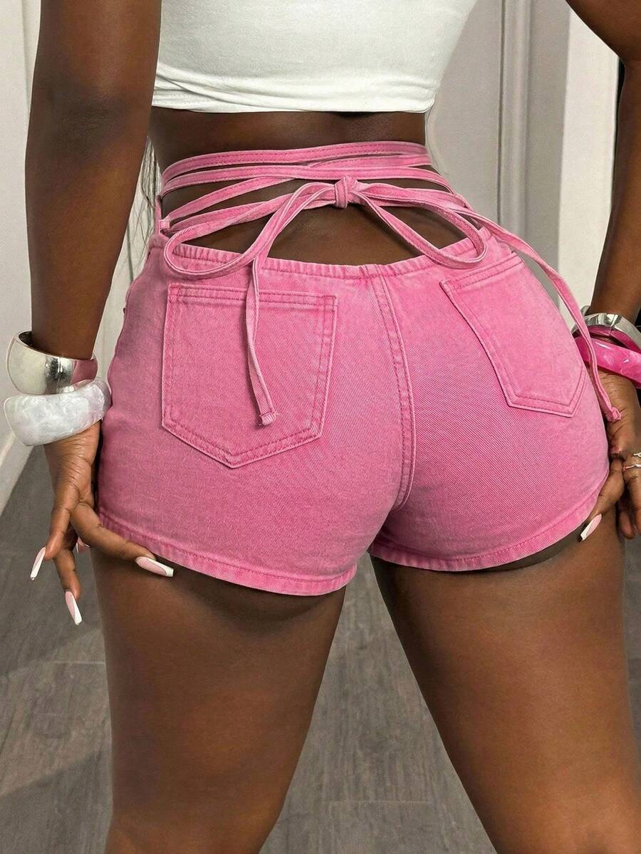 Shorts vaqueros casuales de mujer con diseño de lazo en la parte trasera de la cintura - Rosa - Ver 1