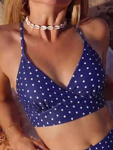 2026 Summer New Fashion Polka Dot Print Criss-Cross Back Tie + Side Criss-Cross Tie Women Bikini Set Vacation Beach - Multicolor - View 4