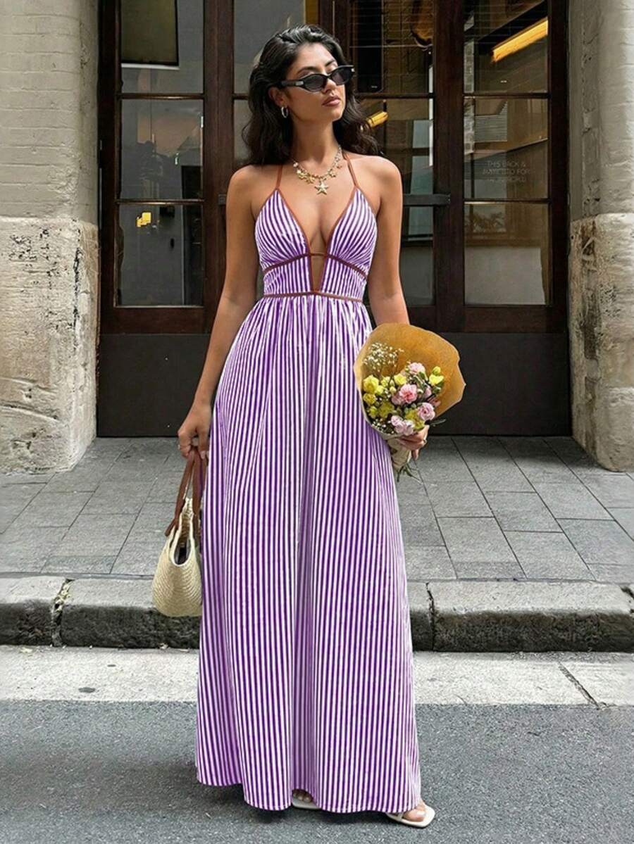 Vestido Cuello Halter Espalda Descubierta Rayas Disponible en Múltiples Colores - Morado - Ver 1