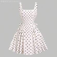 MewMuse. Vestido mini para mujer de alta gama, de estilo retroamericano, con estampado floral, espalda descubierta, corte slim, plisado, cuello asimétrico sin mangas y lunares - Azul y blanco - Ver 4