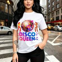 Camiseta de mujer con estampado de chica con cabello largo y ondulado, bola de discoteca pixelada y diseño "DISCO QUEEN" en colores vibrantes - camiseta casual de manga corta con ajuste cómodo y estilo urbano retro - ideal para fiestas de cumpleaños, - Blanco - Ver 11