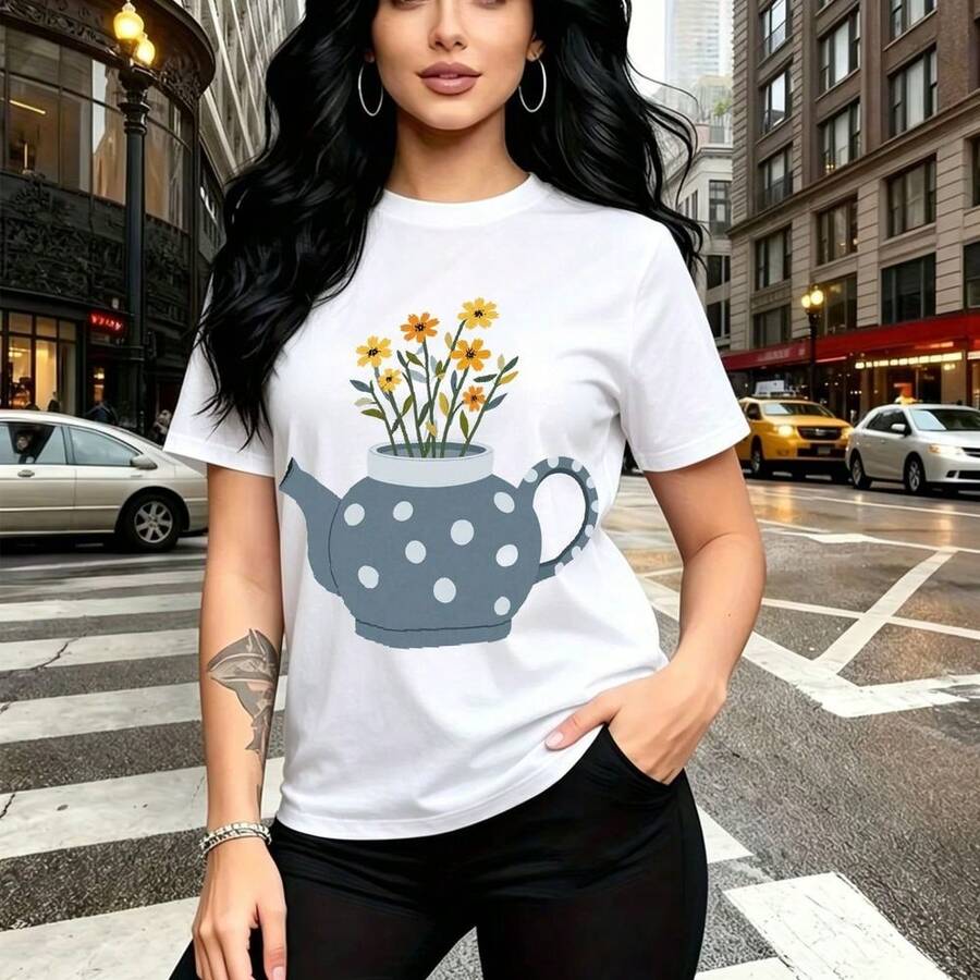 Camiseta de mujer con estampado artístico de tetera gris con flores amarillas y lunares blancos - diseño casual de cuello redondo, ajuste cómodo y fresco, estilo urbano moderno con toque creativo - ideal para paseos por la ciudad, salidas casuales co - Blanco - Ver 1