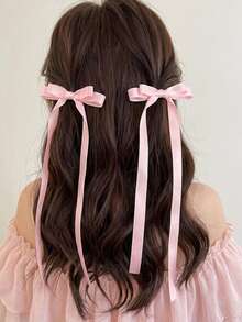 2pcs/Set Shiny Satin Valentine's Day Hair Bows, Romantic Pink Hairbands, Fashion Long Bow Hair Clips, Elegant Women & Girls Hair Accessories For Valentine's Day Date & Daily Styling,Hair Claws - Baby Pink - View 3