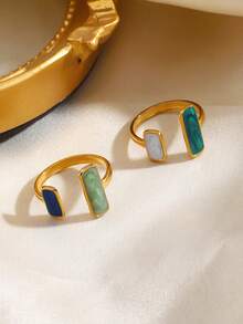 2pcs Stainless Steel Minimalist Summer Style Sapphire Blue Rings Set, Suitable For Women's Daily & Vacation Wear, Gift For Her - Multicolor - View 4