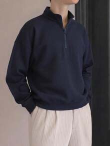 Sudadera casual de hombre de unicolor con cuello de media cremallera, primavera/otoño - Azul marino - Ver 2