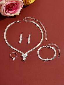 4 piezas Conjunto de joyería nupcial, collar con incrustaciones de cristal, aretes, anillo, pulsera, diseño de gota brillante para novia, adecuado para baile de graduación, boda, compromiso, Día de San Valentín, vacaciones de verano - Multicolor - Ver 6