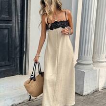 WNS  Vestido midi de vacaciones sin tirantes con parches de encaje y contraste de color para mujer - Albaricoque - Ver 9