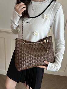 Bolso de mano de gran capacidad para mujer, bolso de hombro con cadena elegante, nueva bolsa de moda para debajo del brazo, bolso de lino retro - Café 3 - Ver 7