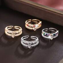 1pc Minimalist Geometric Heart Open Adjustable Design Cubic Zirconia Inlaid Women's Ring - Multicolor - View 8