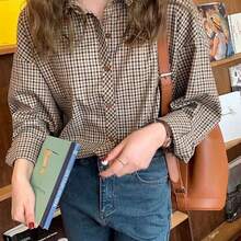 Camisa clásica a cuadros para mujer, con cuello, mangas de hombro caído y detalles de botones, ajuste regular para vacaciones de primavera - Café integral - Ver 3