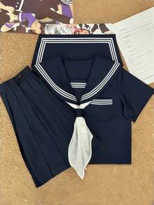 Kawaii 校園風水手領 Cosplay 制服，純海軍藍配蝴蝶結與百褶裙，3 件式 JK 水手服秋季款 - 藏青色 - 查看 7