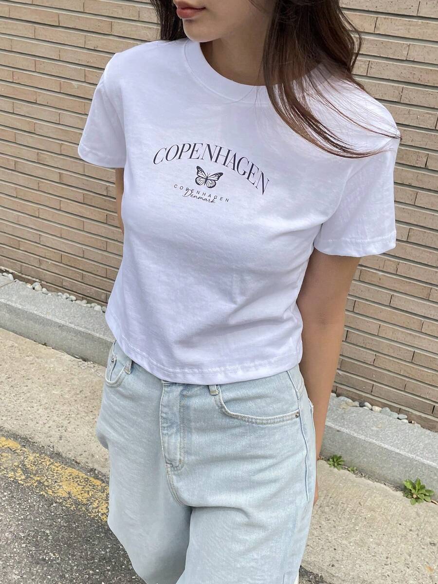 Graphic T-Shirt With Butterfly And Letters - White - View 1