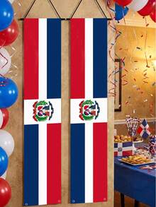 1 Set Dominican Republic National Flag Banner Set, Made Of High-Quality Polyester Fabric, Printed With Dominican Flag Pattern Curtain, Paired With National Emblem Design, Suitable For Yard Decoration, Patriotic Party Home Porch Entrance Decor - A - View 1