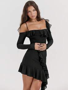 Vestido Nuevo Cuello Recto Espalda Descubierta Corte Sirena - Negro - Ver 4