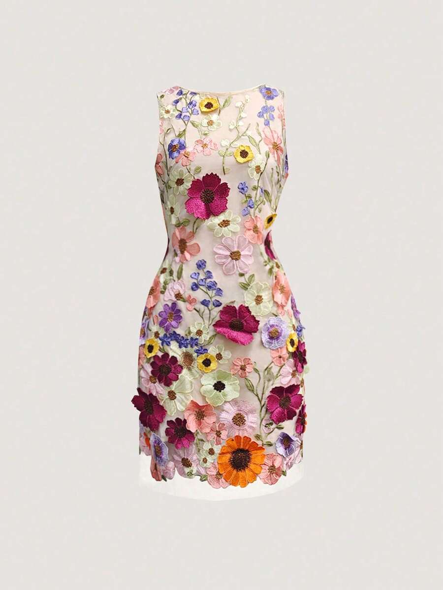Vestido mini elegante de mujer con cuello redondo, sin mangas y con estampado floral ajustado - Albaricoque - Ver 1