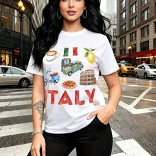 Camiseta de mujer con estampado vibrante de cultura italiana incluyendo café, bandera, limón, Fiat 500, Vespa, espagueti y la Torre de Pisa - camiseta casual de manga corta con ajuste cómodo y estilo urbano, perfecta para viajes o fiestas temáticas - - Blanco - Ver 1
