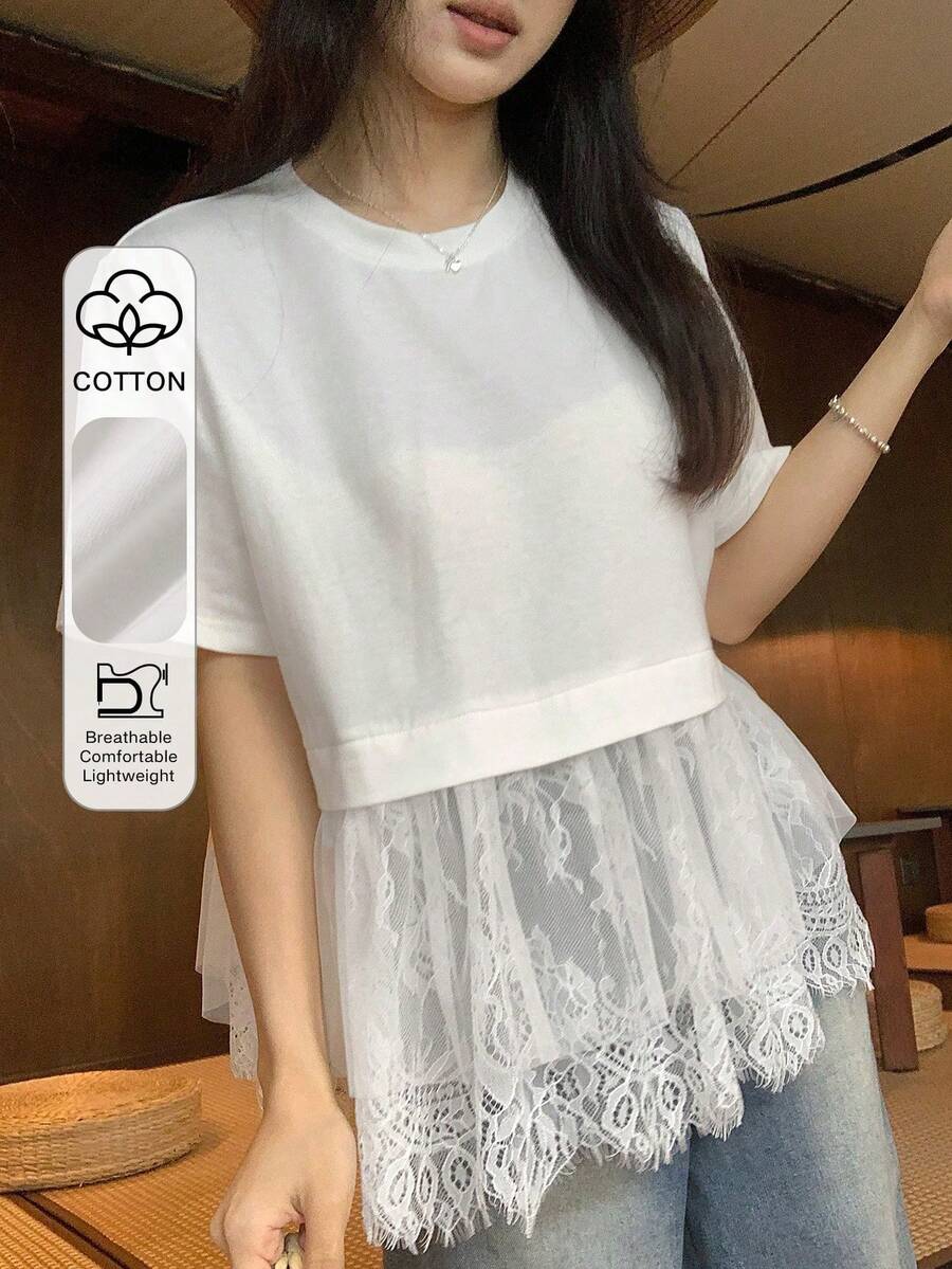 Blusa de verano casual de mujer de unicolor, cuello redondo ajustado, manga corta con aplicación de encaje - Blanco 5 - Ver 1