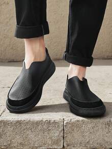 Men's Breathable Comfortable Perforated Casual Shoes, Versatile Slip-On Loafers, Suitable For Summer, Work, Travel, Driving - Black - View 12