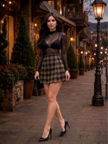Women's High-Waisted Plaid Skirt, Elegant Classic Style - Rỉ Nâu - Xem 2