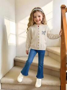 Cardigan de malha de cor sólida estilo universitário, 1 peça, com botões multicoloridos e laço de strass, design europeu e americano, adequado para meninas - Damasco - Ver 2
